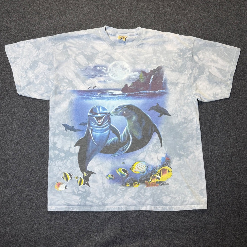 Vintage The Mountain T-Shirt Mens XL Blue 2002 Dolphin Seal Tie Dye Distressed